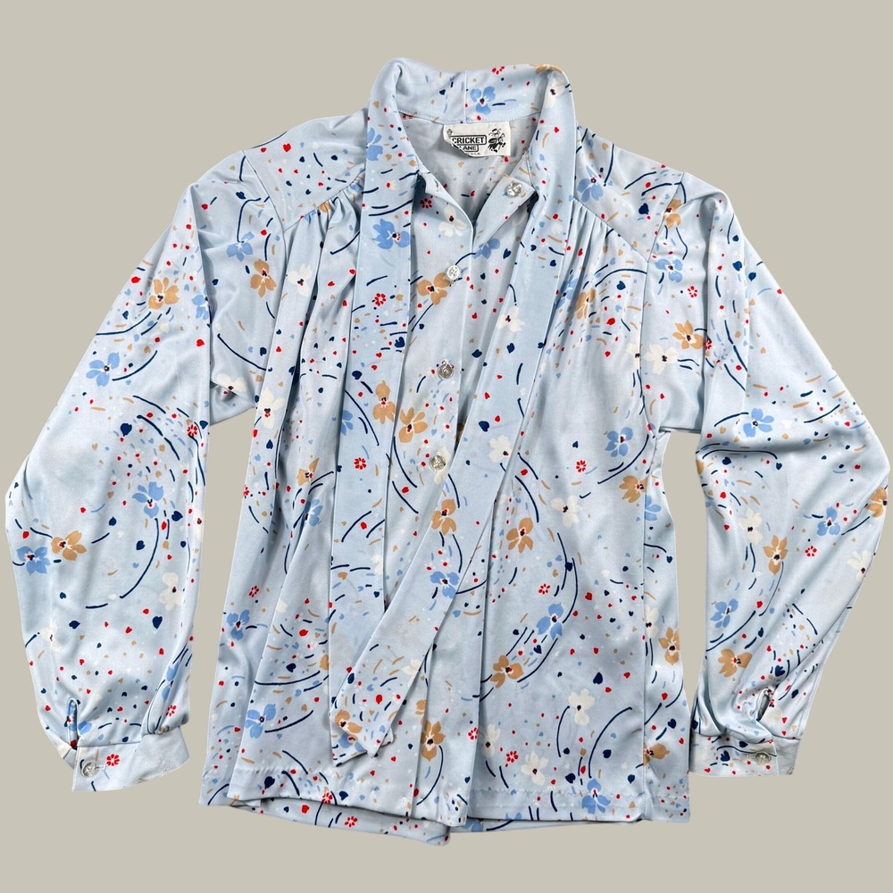 Vintage Cricket Lane Blouse Womens L Blue Floral Tie Neck Pussybow 70s 80s Retro